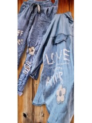 Pantalon baggy bleu ciel,  hyper tendance, motifs or et argent, fleurs en bouclette