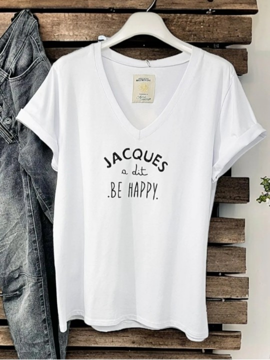 T-Shirt blanc, écriture noire pailletée "Jacques à dit... Be happy"