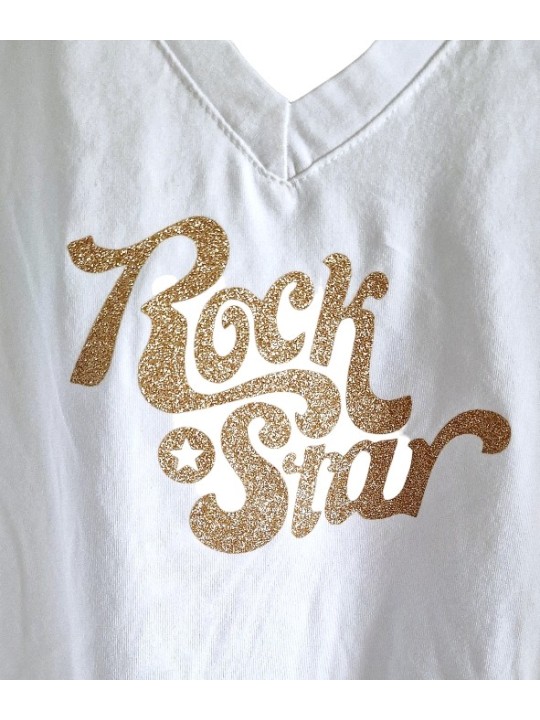 T-Shirt blanc, print rock star doré pailleté.