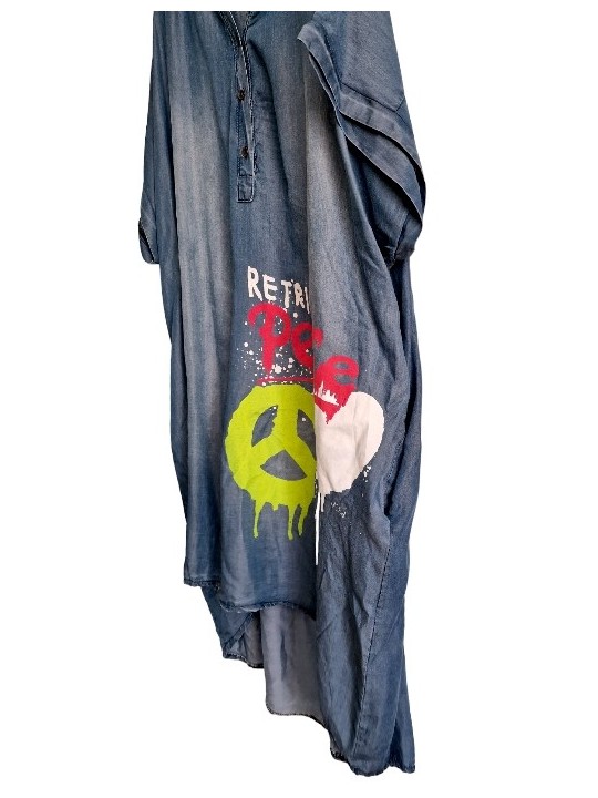 robe oversize en jean, fluide, "printée" RETRIEVE PEACE en fluo style tags