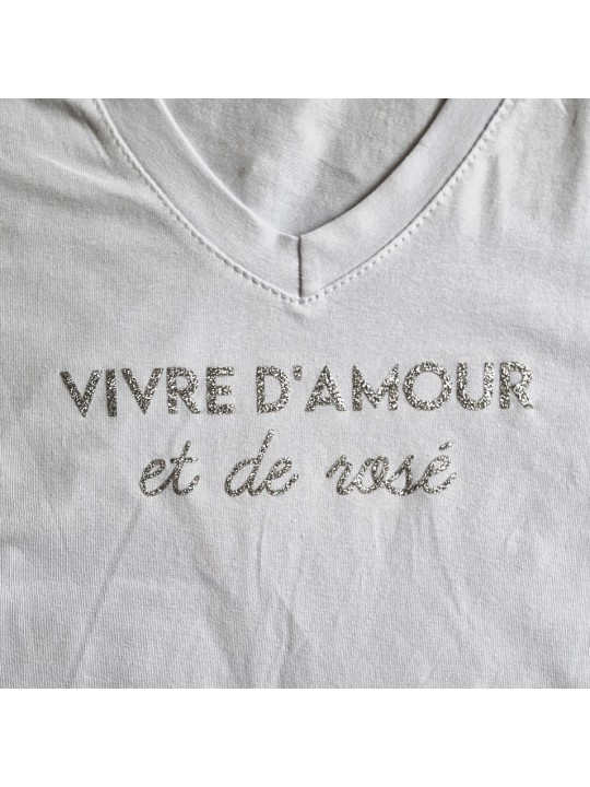 T-Shirt blanc, écriture rose pailleté "VIVRE D'AMOUR et de rosé"