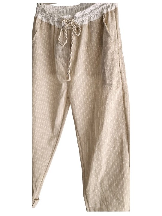 Pantalon coton lin beige rayé blanc, ample et confortable.