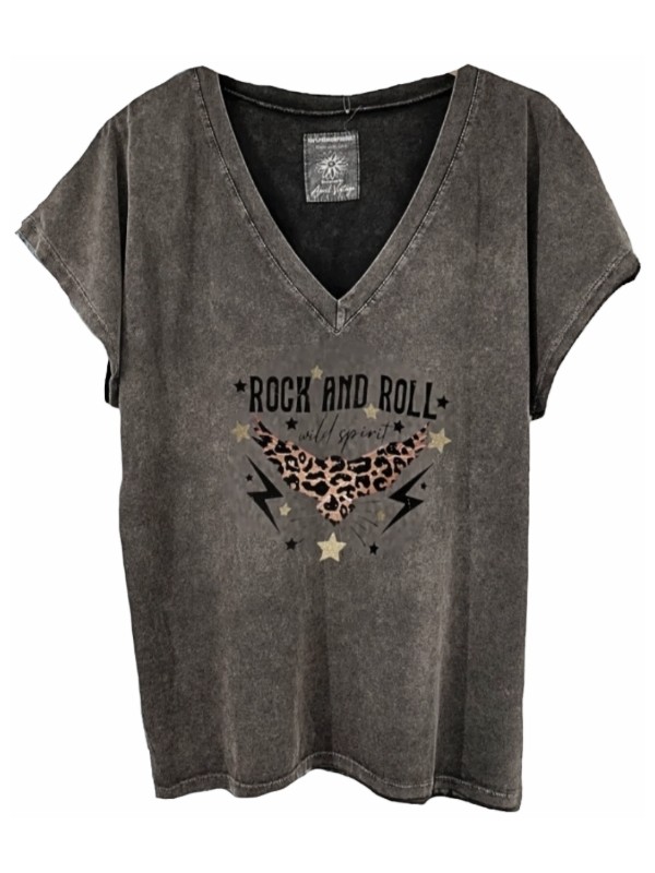 T-Shirt noir délavé, texte ROCK AND ROLL aigle léopard.