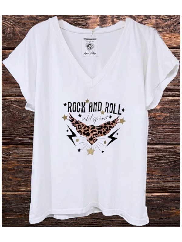 T-Shirt blanc, texte ROCK AND ROLL aigle léopard.