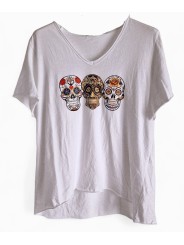 T-Shirt blanc, flocage trois têtes de mort mexicaines revisitées.