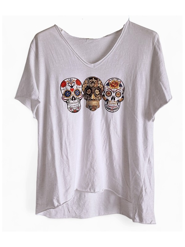 T-Shirt blanc, flocage trois têtes de mort mexicaines revisitées.