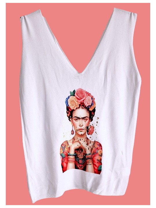 Débardeur blanc fines mailles, flocage Frida Kahlo.