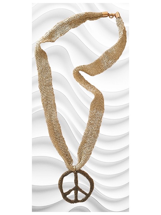 Sautoir gros cordon tissé métallisé or orné d'un pendentif Peace And Love effet vieilli doré.